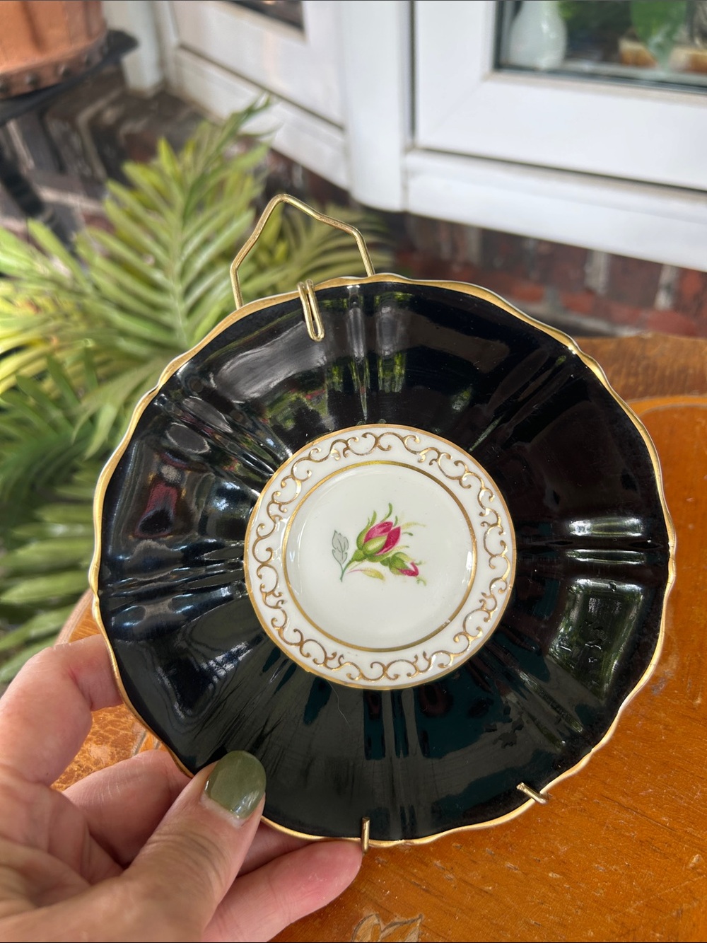 Vintage Old Royal Wetley Rose Black & Gold Porcelain Saucer